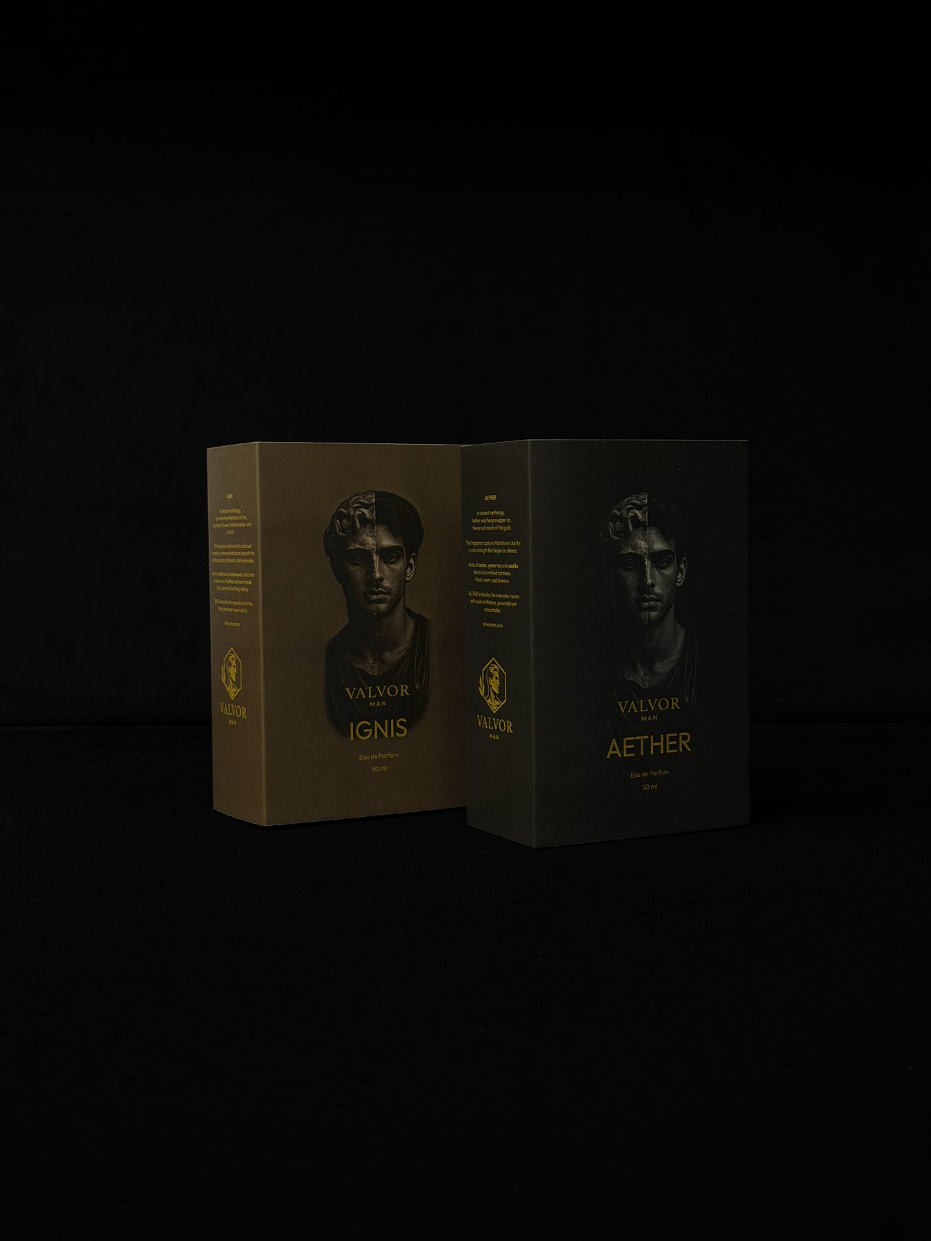 Valvor Man Ignis en Aether 50ml verpakkingen naast elkaar